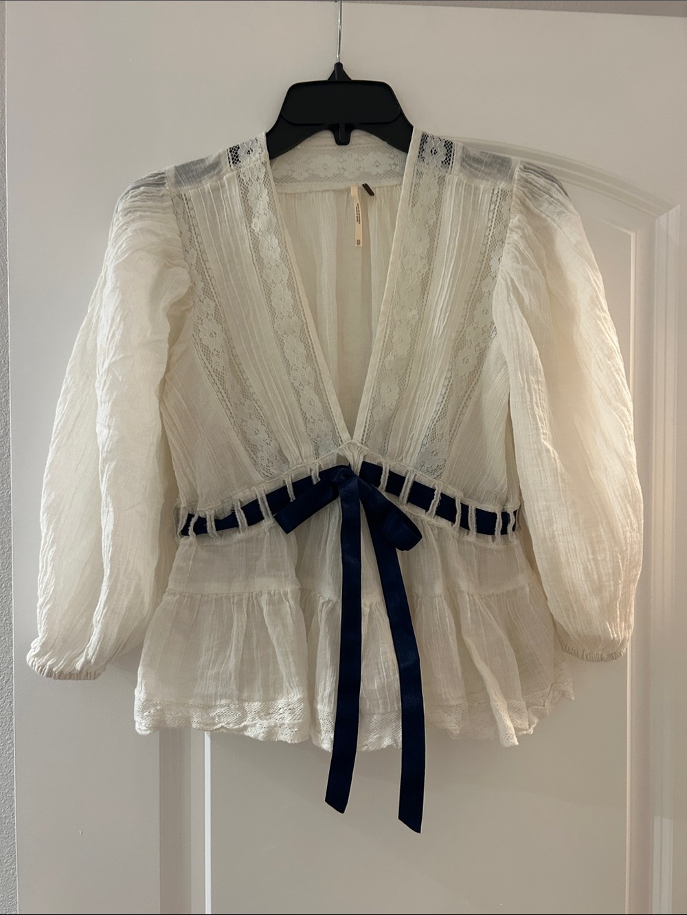 Free People Ivory Lace Peasant Top with Navy Ribbon
